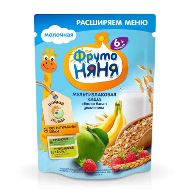 Каша мультизлак молочная с ябл бананом и земл 200гр ФрутоНяня